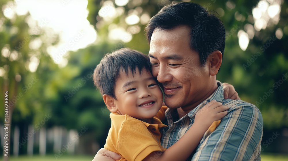 Naklejka premium An Asian American father lovingly hugs his young son, sharing a tender moment of affection. Their embrace radiates warmth and connection, making it a perfect representation of the