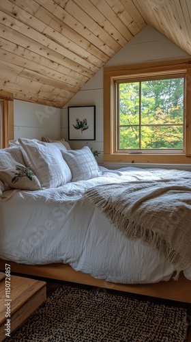 Cozy bedroom with wooden architecture and natural light in a cabin setting du...