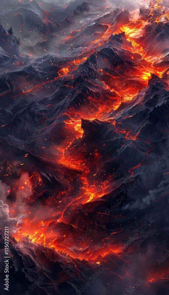 Majestic mountain range adorned with glowing veins of light illuminating the peaks Majestic mountain range adorned with glowing veins of light illuminating the peaks
