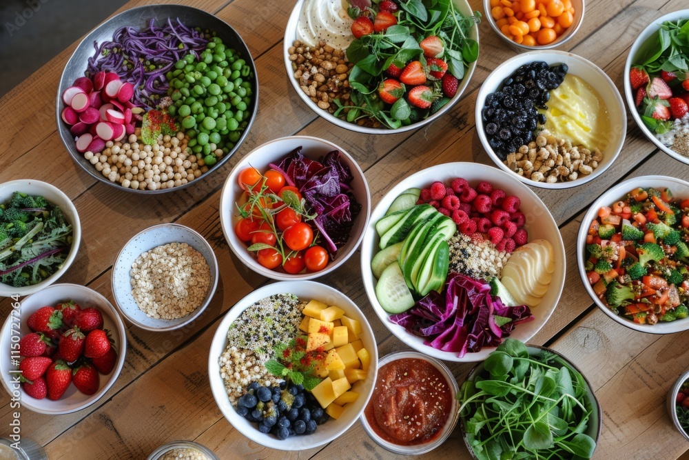 A table full of bowls of food, including salads and fruit A table full of bowls of food, including salads and fruit