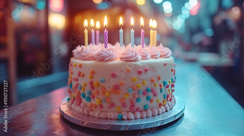 Colorful birthday cake with candles and decorations at a festive celebration