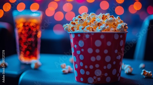 Popcorn in a vintage cinema setting during a movie screening at night