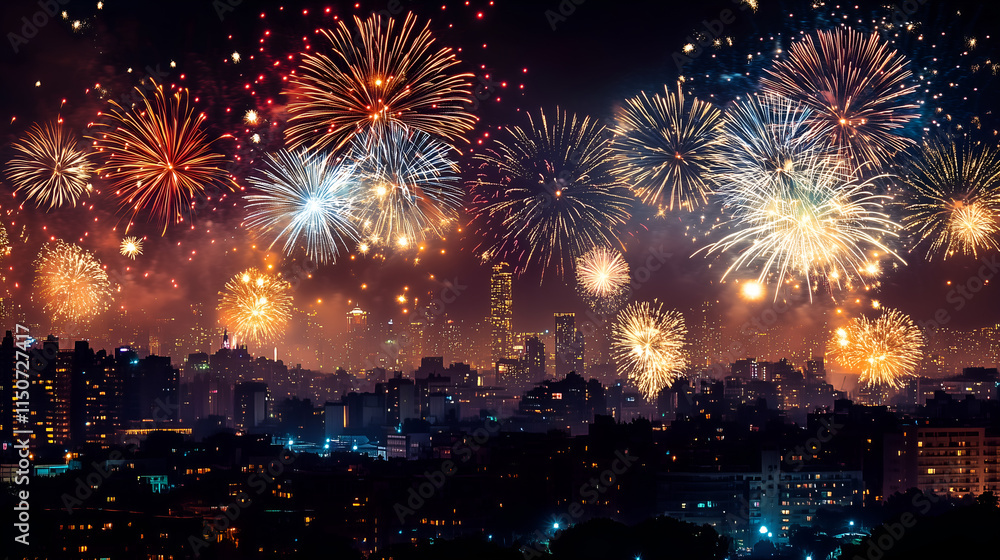 Fototapeta premium Spectacular fireworks display over city skyline at night