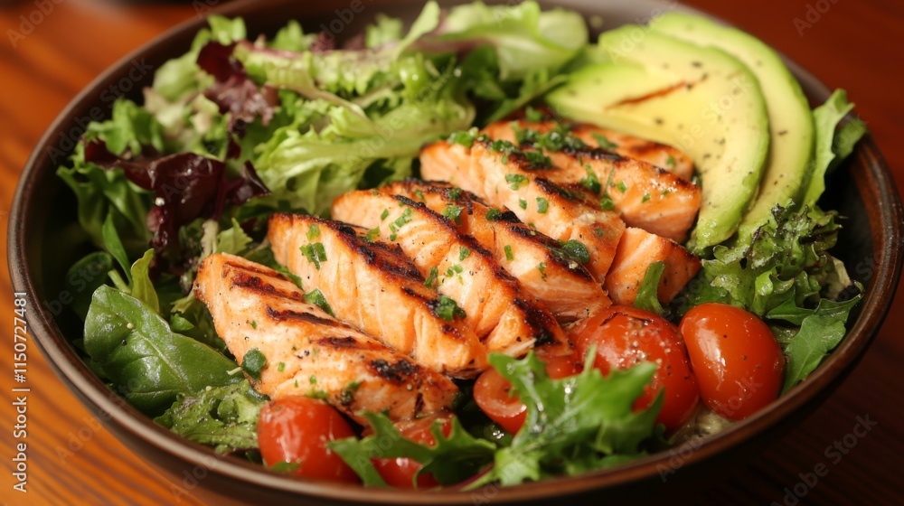 Grilled Salmon with Fresh Greens and Cherry Tomatoes in Bowl Grilled Salmon with Fresh Greens and Cherry Tomatoes in Bowl