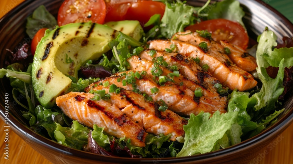 Grilled Salmon Fillet on Fresh Green Salad with Avocado and Tomatoes Grilled Salmon Fillet on Fresh Green Salad with Avocado and Tomatoes