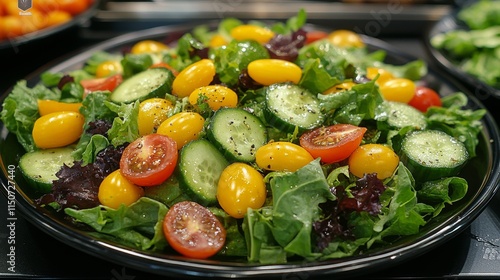 Fresh garden salad with cherry tomatoes and cucumbers served in a black bowl