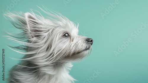 Side profile of a Maltese dog with long, gray tangled hair on a soft blue background