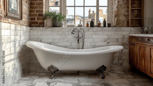 Contemporary bathroom design with freestanding tub and wooden accents creatin...