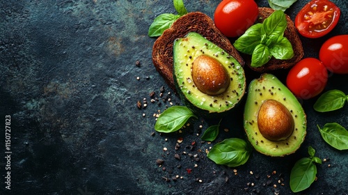 Avocado toast with cherry tomatoes and fresh basil on rustic table