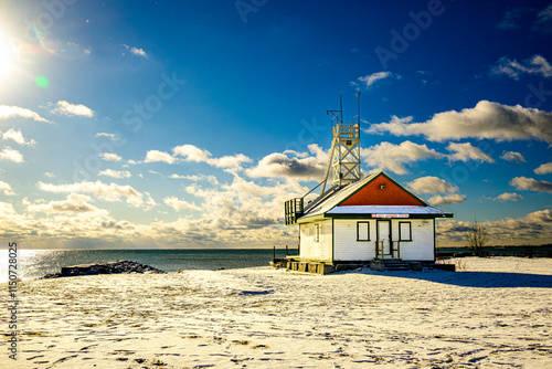 Photography The Leuty Lifeguard Station on Kew Beach in Toronto  on a bright cold and snowy
