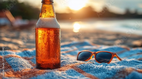 Refreshing beverage on a sunny beach with sunglasses on a towel near calm waters
