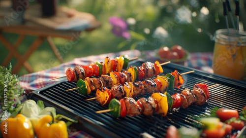 Colorful Grilled Skewers with Fresh Vegetables and Juicy Meat photo