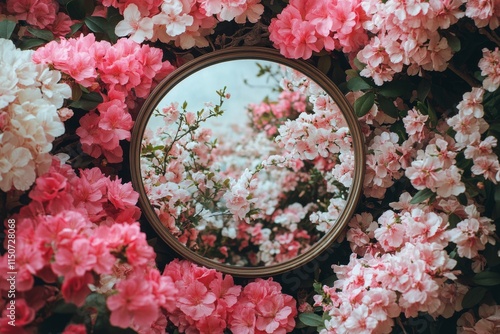 Pink flower arrangement surrounding a circular mirror creates a vibrant and s...