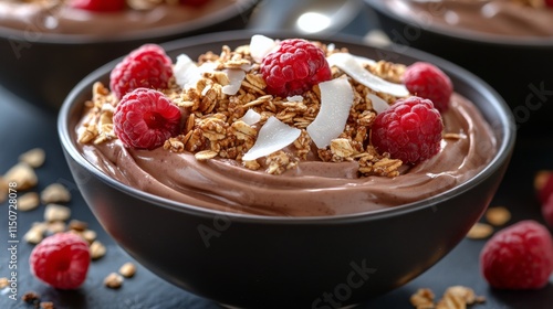 Delicious chocolate mousse topped with raspberries and granola in black bowls