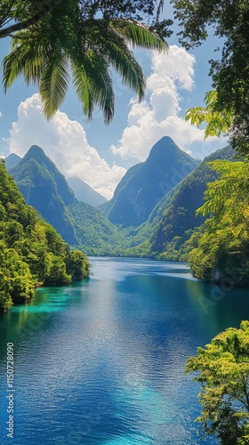 Lush river surrounded by mountains in a vibrant green landscape during daylig...