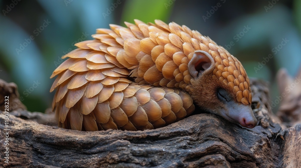 Obraz premium Pangolin curled up on a wooden surface in a lush green environment during daylight hours