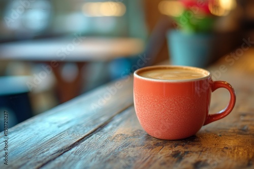 Warm cup of coffee on rustic wooden table in cozy indoor setting