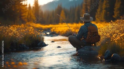Fishing in a serene forest river surrounded by autumn colors