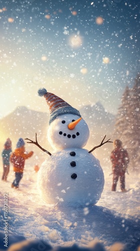 Snowman in sunny mountain field with children playing in snow photo