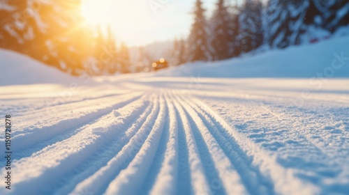 Sunlit winter ski slope with groomed snow and ski tracks