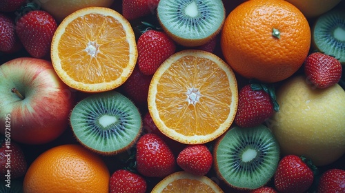 Colorful platter of fresh fruits arranged in vibrant sections on a gray backg...