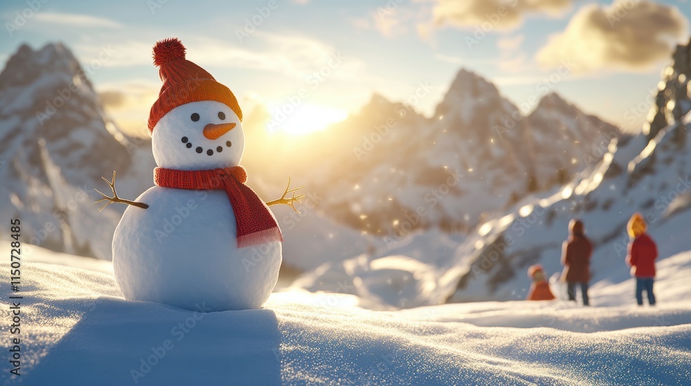 Obraz premium Children building a snowman on a mountain slope in winter sunlight