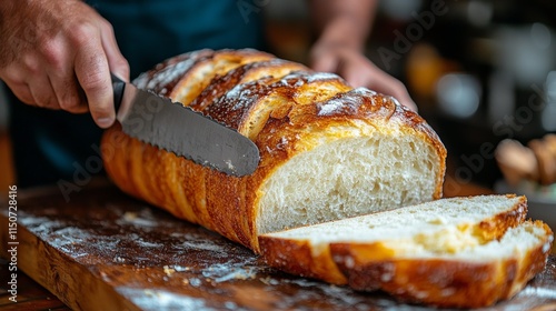 Freshly baked bread being sliced on a wooden board in a home kitchen during a...
