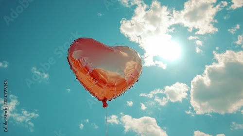 Heart-shaped balloon floating against a bright blue sky with clouds and sunlight