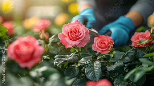 Pruning pink roses in a vibrant garden during sunny spring afternoon