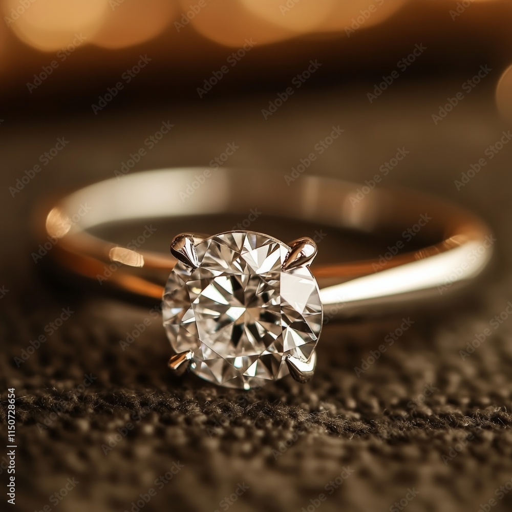Elegant solitaire diamond ring on textured velvet background with warm lighting Elegant solitaire diamond ring on textured velvet background with warm lighting