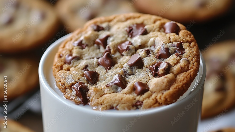 Delightful cookie dipped in creamy chocolate milk at a cozy gathering Delightful cookie dipped in creamy chocolate milk at a cozy gathering