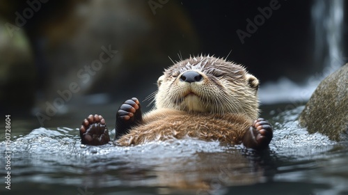 Playful otter swimming with paws raised in clear water under warm sunlight