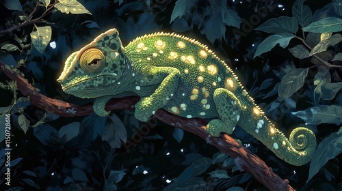 Colorful chameleon resting on a branch in a lush tropical environment