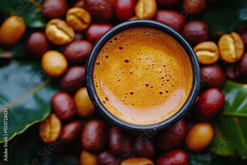 Rich coffee served in a dark cup surrounded by roasted coffee beans on wooden...