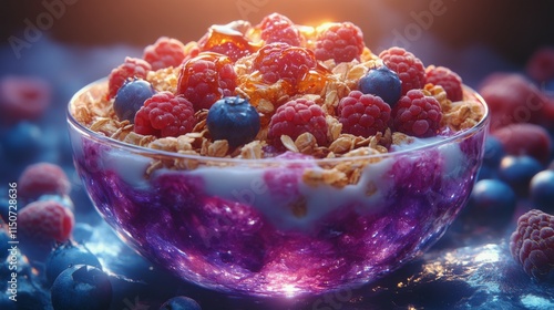 Delicious bowl of yogurt topped with fresh raspberries and blackberries in a ...