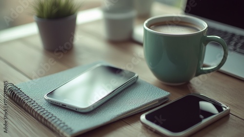Coffee and smartphones on a wooden table in a cozy workspace setting
