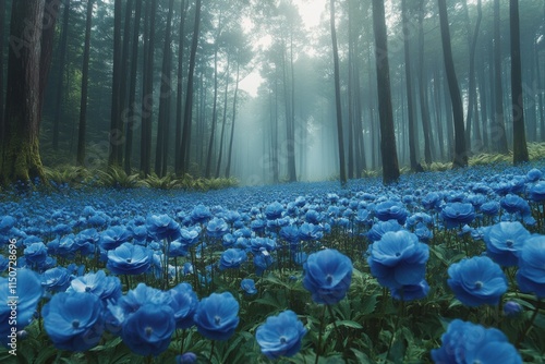 Vibrant blue flowers blooming in a serene forest setting during daylight hours
