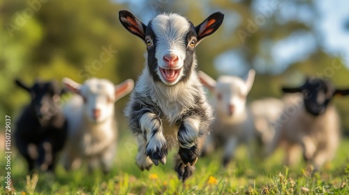 Playful baby goats running across a grassy field in springtime