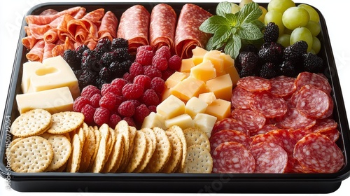 Gourmet cheese and charcuterie platter with fresh grapes and crackers for a f...