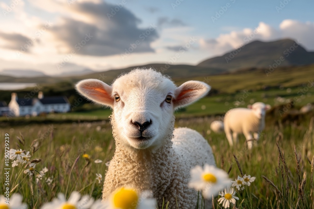 Cute lamb enjoying a sunny day in a grassy meadow near a farmhouse in the countryside Cute lamb enjoying a sunny day in a grassy meadow near a farmhouse in the countryside