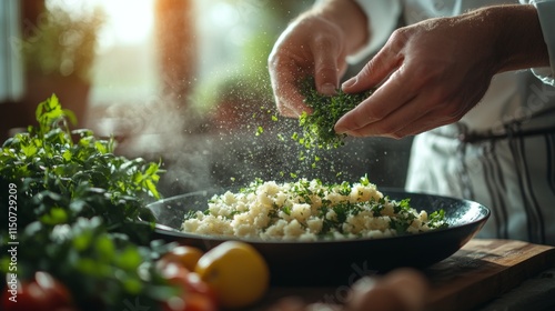 Chef preparing fresh herbs and vegetables in a bustling restaurant kitchen du...