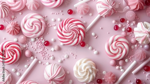 Festive pink candies and lollipops on a vibrant background