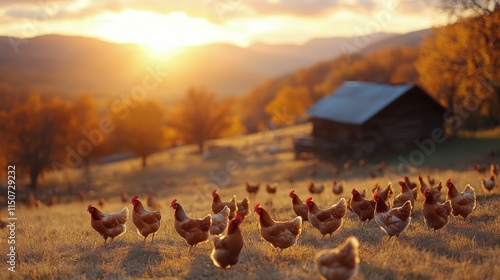 Chickens roam freely in a sunny autumn landscape near a rustic wooden cabin a...