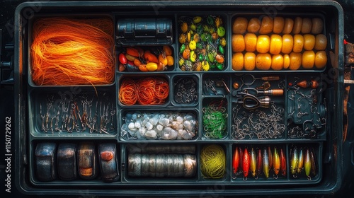 Tackle box filled with fishing gear and accessories at a lakeside workshop