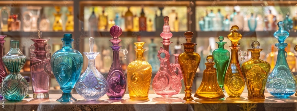 Colorful glass perfume bottles in elegant display Colorful glass perfume bottles in elegant display