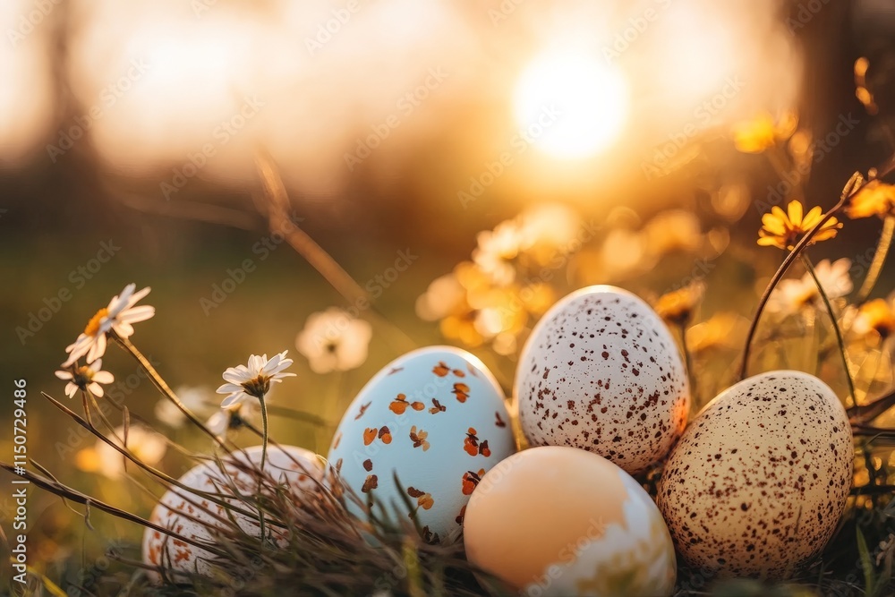 Fototapeta premium Vibrant easter eggs nestled in grass and flowers during a golden sunset
