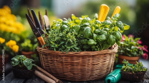 Gardening tools and fresh herbs arranged in a basket during sunny daylight in...