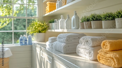 Fresh and organized towels and toiletries arranged in a bright and airy bathr...