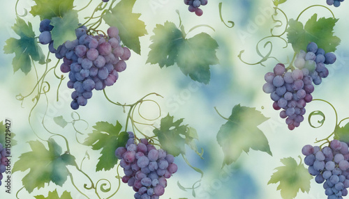 Watercolor grapevines with purple and green grapes, artistic botanical pattern, copy space