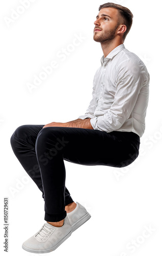 A sitting young man wearing a white shirt and black chino trousers isolated over transparent background, PNG, cutout ready for architectural visualisation